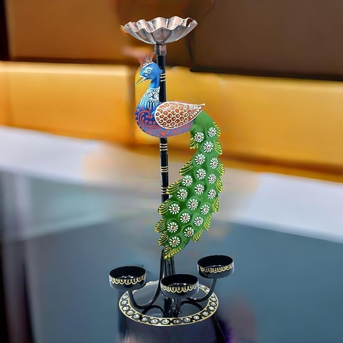 Lustre Metal Peacock T Light Candle Holder for Home Decor, Table Decor, Decoration Item for Diwali Pooja, Home Inauguration, Office Decor, Diwali Fancy Diya for Pooja Room (15X13X30 CM) - Image 1