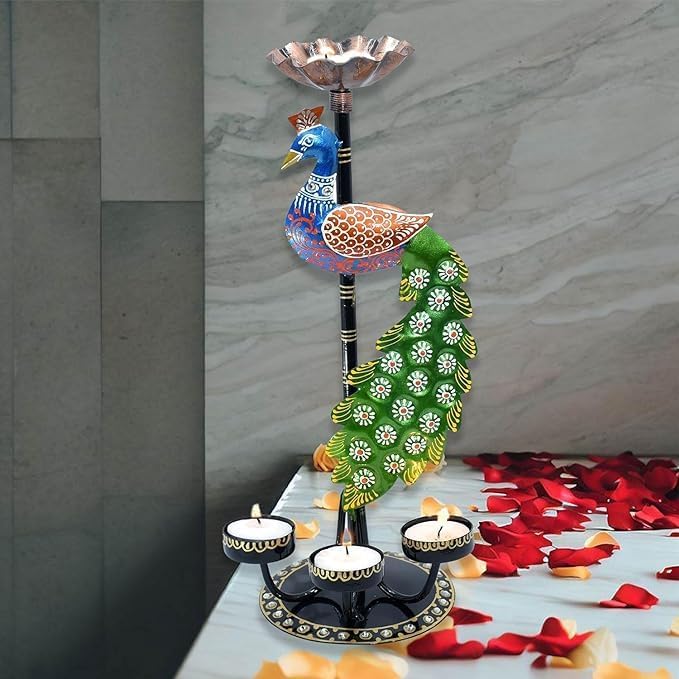 Lustre Metal Peacock T Light Candle Holder for Home Decor, Table Decor, Decoration Item for Diwali Pooja, Home Inauguration, Office Decor, Diwali Fancy Diya for Pooja Room (15X13X30 CM) - Image 4