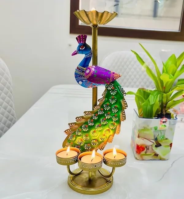 Lustre Metal Peacock T Light Candle Holder for Home Decor, Table Decor, Decoration Item for Diwali Pooja, Home Inauguration, Office Decor, Diwali Fancy Diya for Pooja Room (15X13X30 CM) - Image 5