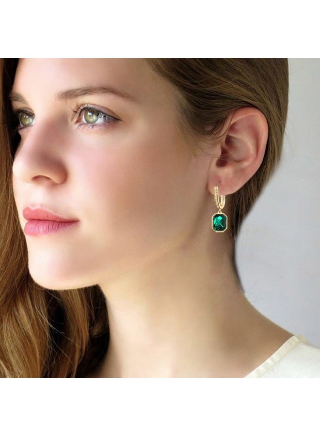 EVEVIC Swarovski Crystal Octagon Leverback Drop Earrings for Women 14K Gold Plated Hypoallergenic Jewelry - Image 2