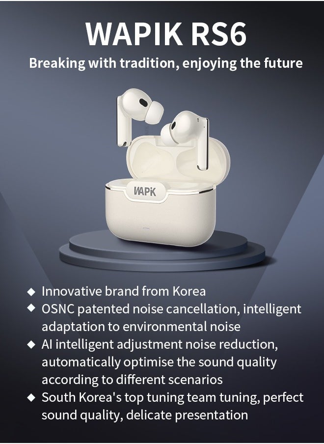 Korean Brand RS6 True Wireless Earpods, 6 Mics Hybrid ANC with AI Wind Noise Reduction, -42dB Noise Cancelling, Transparency Mode, Normal Mode, ANC Mode, 30-Hour Battery Life, Bluetooth 5.4, IPX5 Waterproof, Powerful Bass, Beige. - pzsku/Z0A3673A7771DBAA34B02Z/45/_/1737530197/7380ace9-9bac-4b36-b6ce-5ca36ea980a9