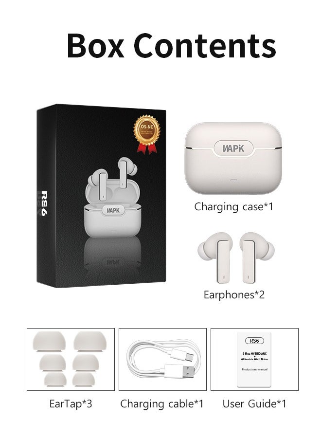 Korean Brand RS6 True Wireless Earpods, 6 Mics Hybrid ANC with AI Wind Noise Reduction, -42dB Noise Cancelling, Transparency Mode, Normal Mode, ANC Mode, 30-Hour Battery Life, Bluetooth 5.4, IPX5 Waterproof, Powerful Bass, Beige. - pzsku/Z0A3673A7771DBAA34B02Z/45/_/1737530226/de226dab-1ee5-4a44-8ea2-ad0fd6f4747e