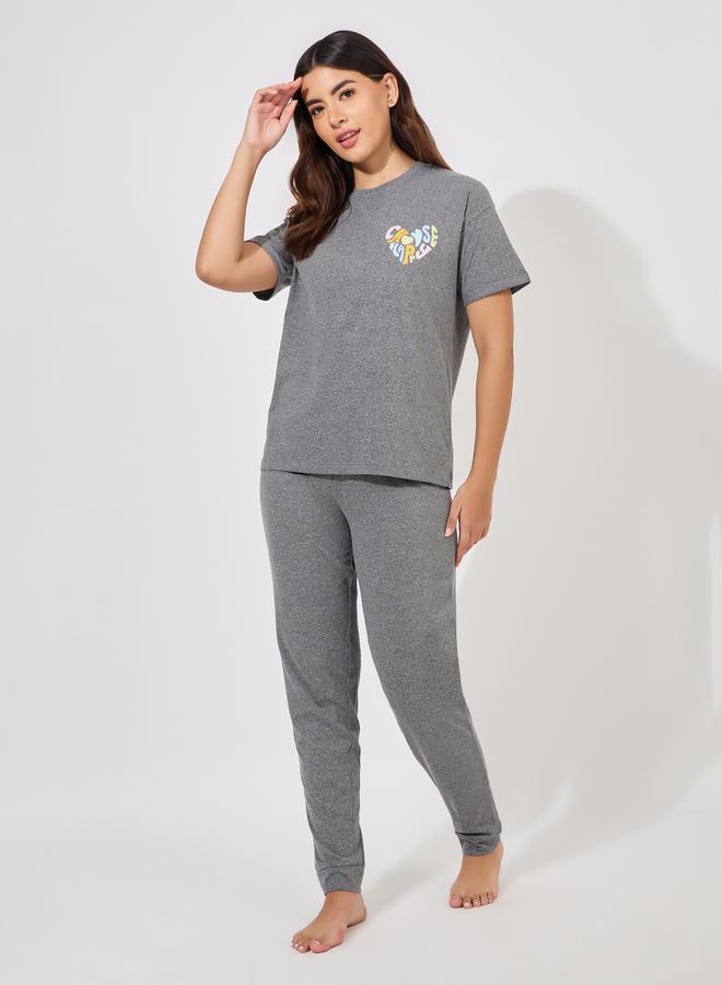 Styli Heart Graphic Drop Shoulder T-Shirt and Cuffed Pyjama Set - Image 1