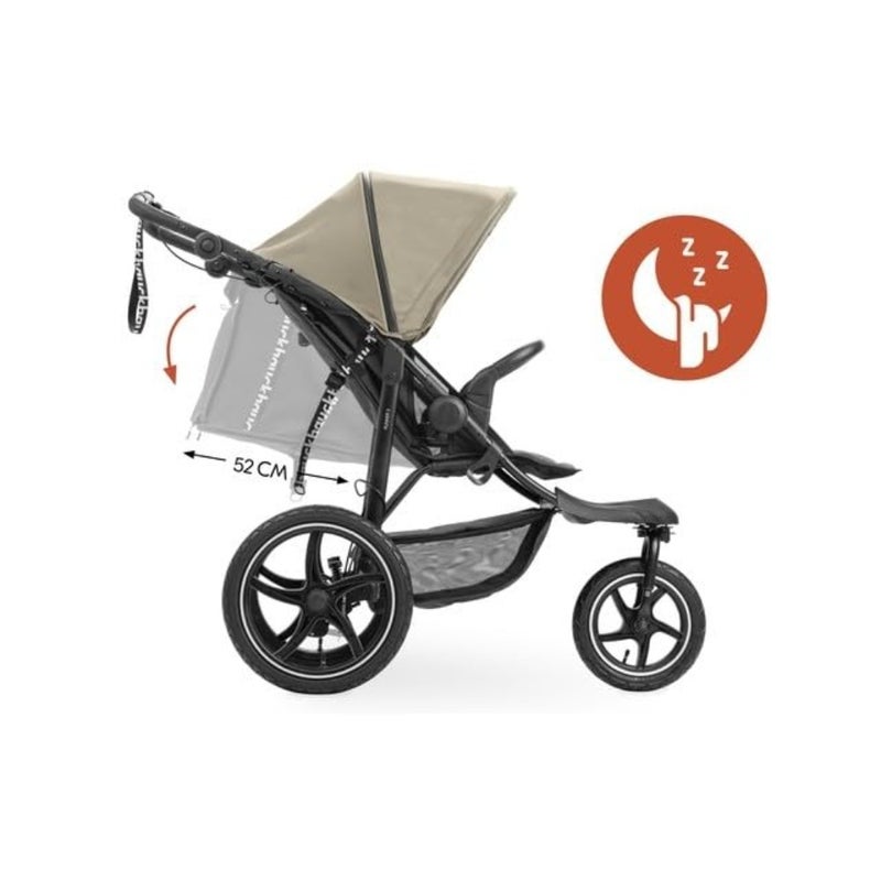 Runner 3 Olive tricycle pram buggy for urban and off-road use, aluminum frame, olive green, XL pneumatic wheels with suspension and handbrake for safety and comfort - Image 3