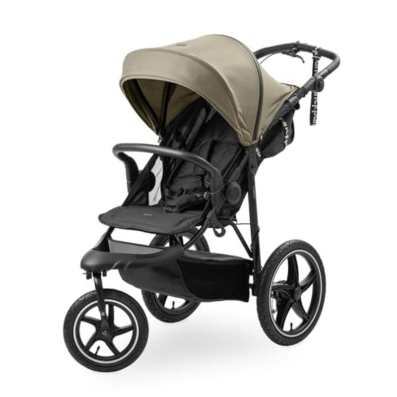 Runner 3 Olive tricycle pram buggy for urban and off-road use, aluminum frame, olive green, XL pneumatic wheels with suspension and handbrake for safety and comfort - Image 1