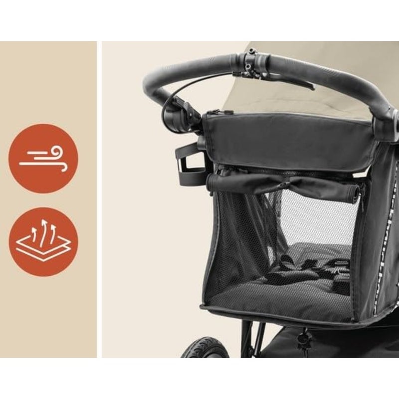 Runner 3 Olive tricycle pram buggy for urban and off-road use, aluminum frame, olive green, XL pneumatic wheels with suspension and handbrake for safety and comfort - Image 4