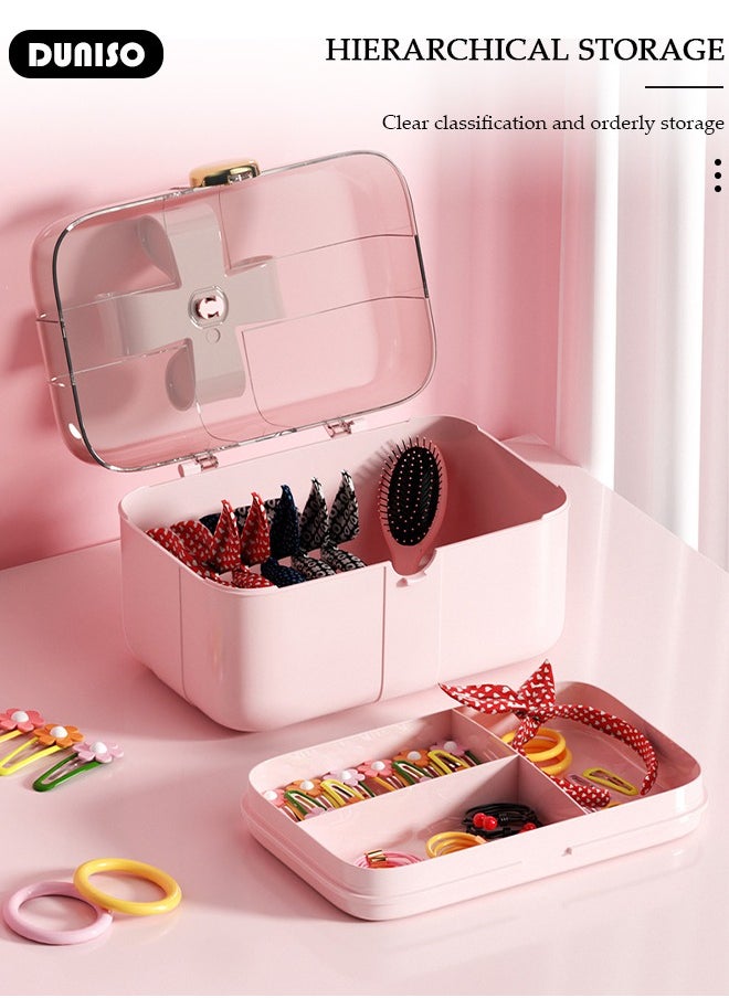 DUNISO 2 Layers Hair Accessories Storage Box with Lid, Hairband Hair Clip Jewelry Organizer, Lockable Desktop Storage Box, Portable Medicine Storage Box, Multipurpose Organizer Case for Hair Clips, Makeup, Sewing Art  - Image 5
