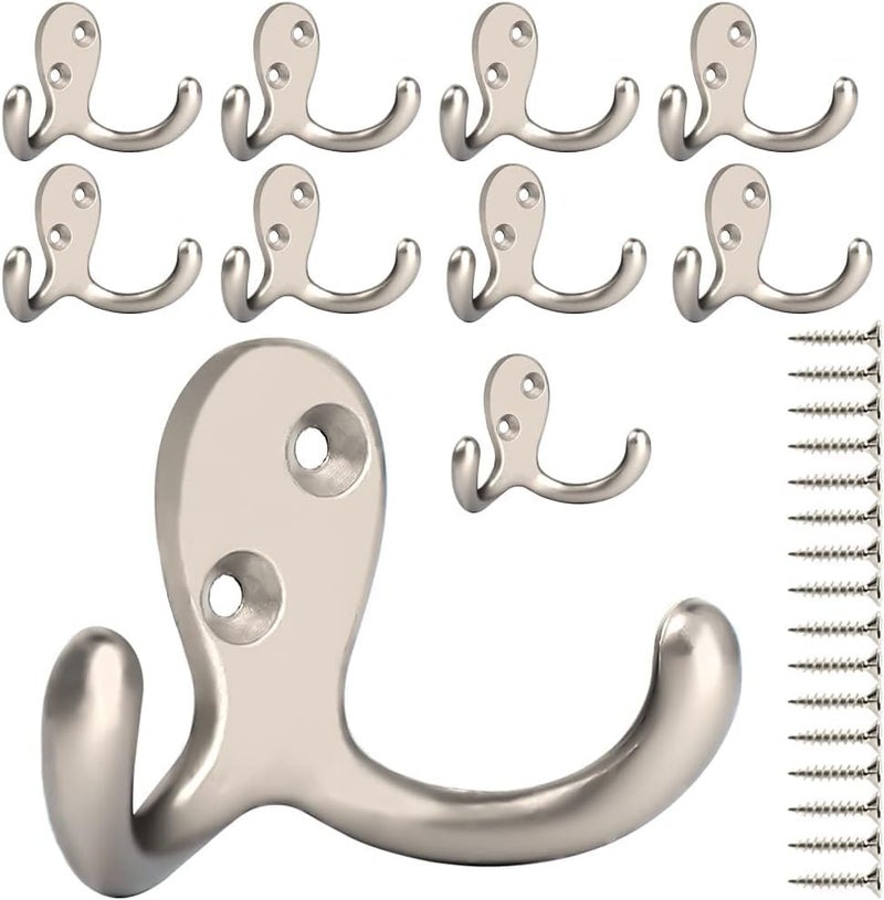 Double-Claw Wall-Mounted Retro Double Hook – Silver, Large, 10 Sets per Bag with Screws