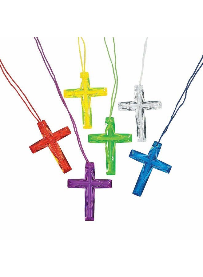 Fun Express Lot of 48 Plastic Bright Color Crystal Cross Necklaces Religious Party Favors - Image 1