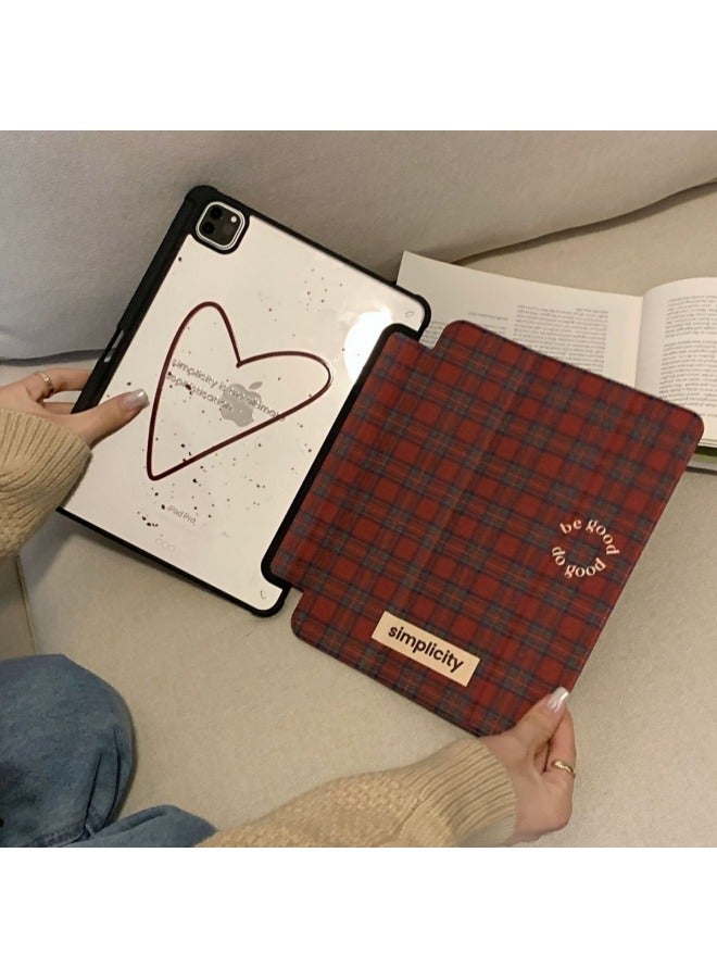 حافظة حماية Ins Retro Red Plaid لجهاز Ipad حافظة واقية Pro مزودة بفتحة قلم مضادة للانحناء ودعامة ثلاثية الطي Air4/5-اللون: منقوشة Love-3 طيات قابلة للتطبيق: iPad Air2024(13 بوصة) - Image 2