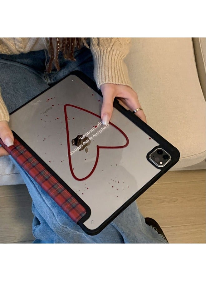حافظة حماية Ins Retro Red Plaid لجهاز Ipad حافظة واقية Pro مزودة بفتحة قلم مضادة للانحناء ودعامة ثلاثية الطي Air4/5-اللون: منقوشة Love-3 طيات قابلة للتطبيق: iPad Air2024(13 بوصة) - Image 4