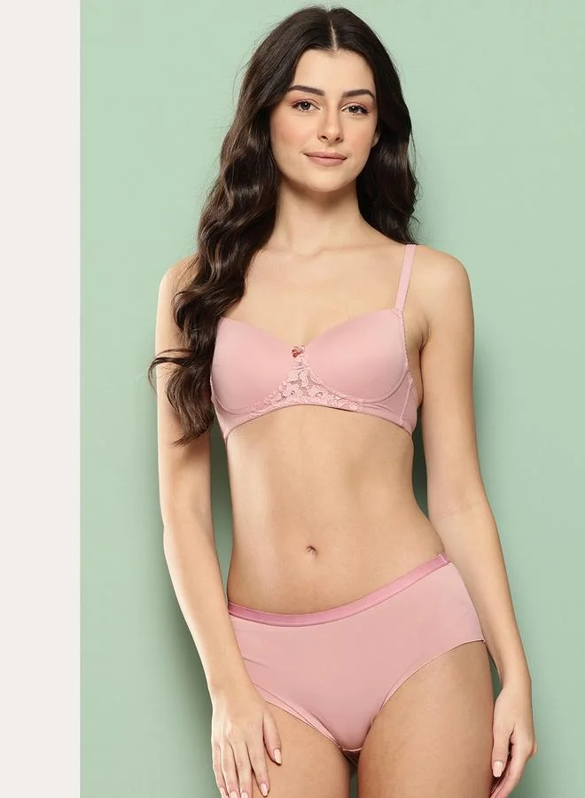 Leading Lady Pink Lace Detail Lightly Padded Non Wired Bra and Brief Set