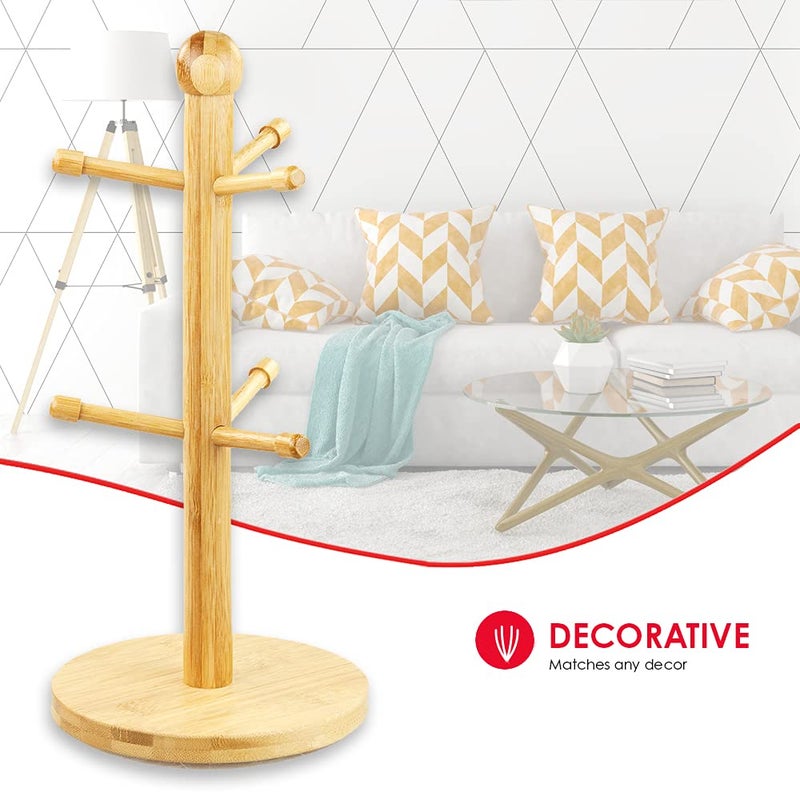 Home Basics Bamboo Mug Tree, Holds Up to 6 Coffee Cups, Free Standing, Circular Base, Kitchen Countertop, Beige (1) - Image 5