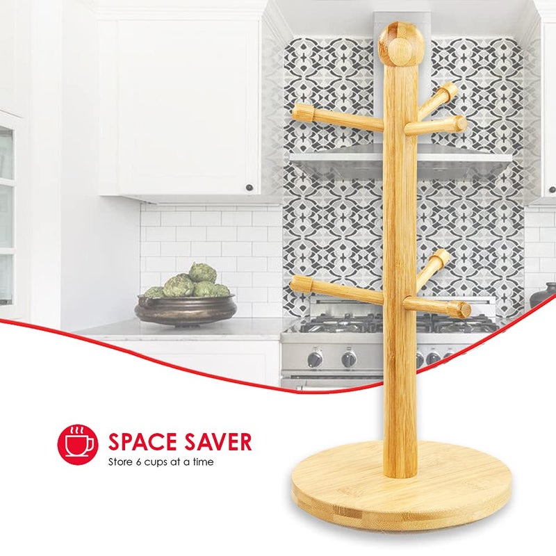 Home Basics Bamboo Mug Tree, Holds Up to 6 Coffee Cups, Free Standing, Circular Base, Kitchen Countertop, Beige (1) - Image 3
