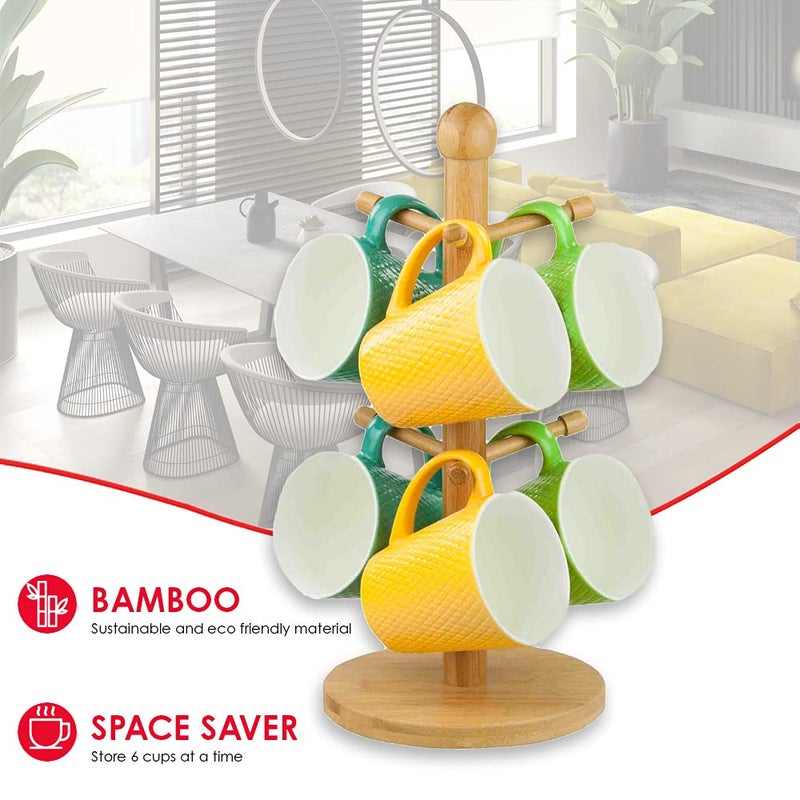 Home Basics Bamboo Mug Tree, Holds Up to 6 Coffee Cups, Free Standing, Circular Base, Kitchen Countertop, Beige (1) - Image 2