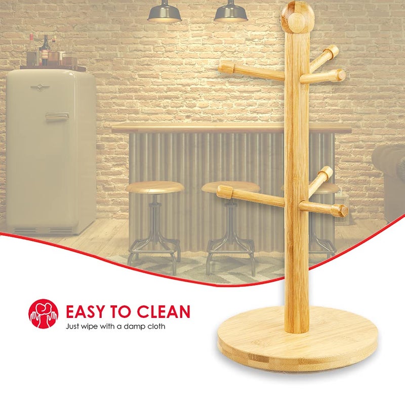 Home Basics Bamboo Mug Tree, Holds Up to 6 Coffee Cups, Free Standing, Circular Base, Kitchen Countertop, Beige (1) - Image 4