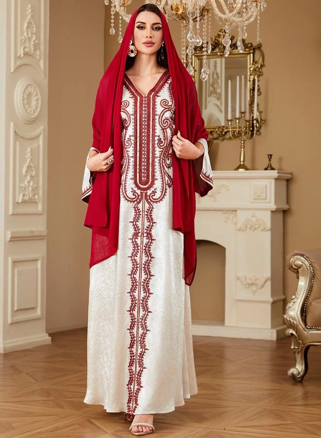 Take Two Women Embroidered V Neck Jalabiya with Hijab