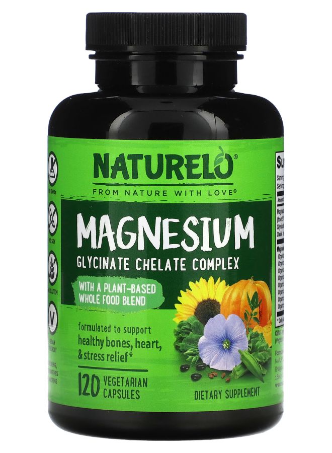 NATURELO Premium Supplements Magnesium Glycinate Chelate Complex 120 Vegetarian Capsules 
