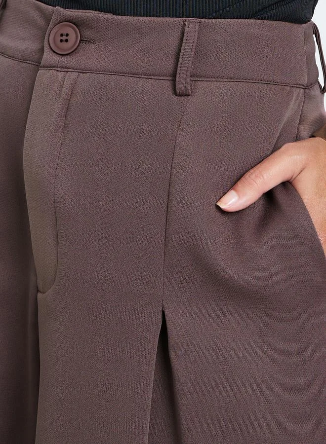 Styli  Brown Flowy Wide Leg Pants with Fold Pleat for Women | Best Price UAE