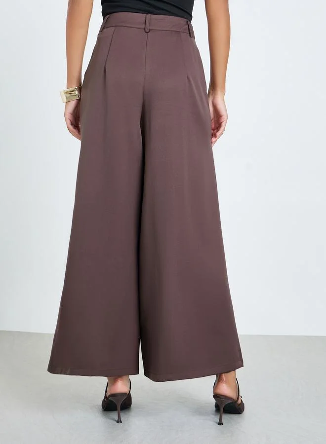 Styli  Brown Flowy Wide Leg Pants with Fold Pleat for Women | Best Price UAE