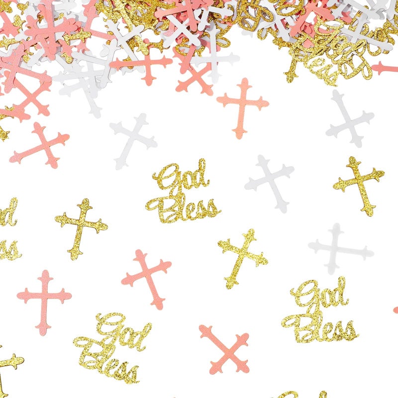 Marspark 300 Pcs Baptism Confetti Glitter Cross God Bless Table Confetti Cross Decorations for Baptism First Communion Baby Shower Birthday Gender Reveal Party SuppliesPink Gold White