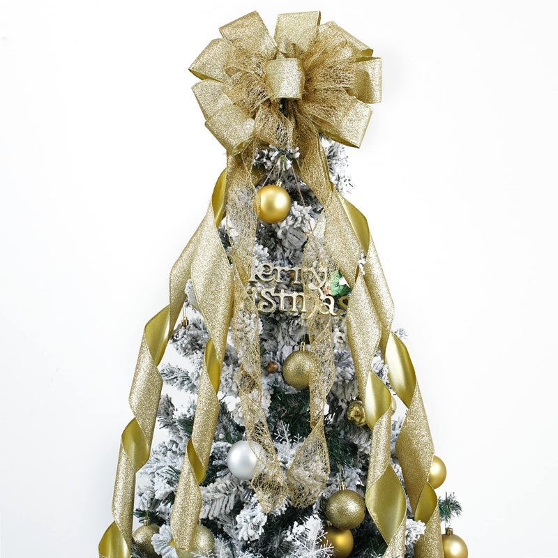 MEEDEE Gold Christmas Tree Topper Gold Glitter Christmas Bows 12 Wide Snowflake Ribbon Bow Gold Christmas Bows Gold Christmas Topper Large Gold Bows for Christmas Tree Decoration 1 Pack