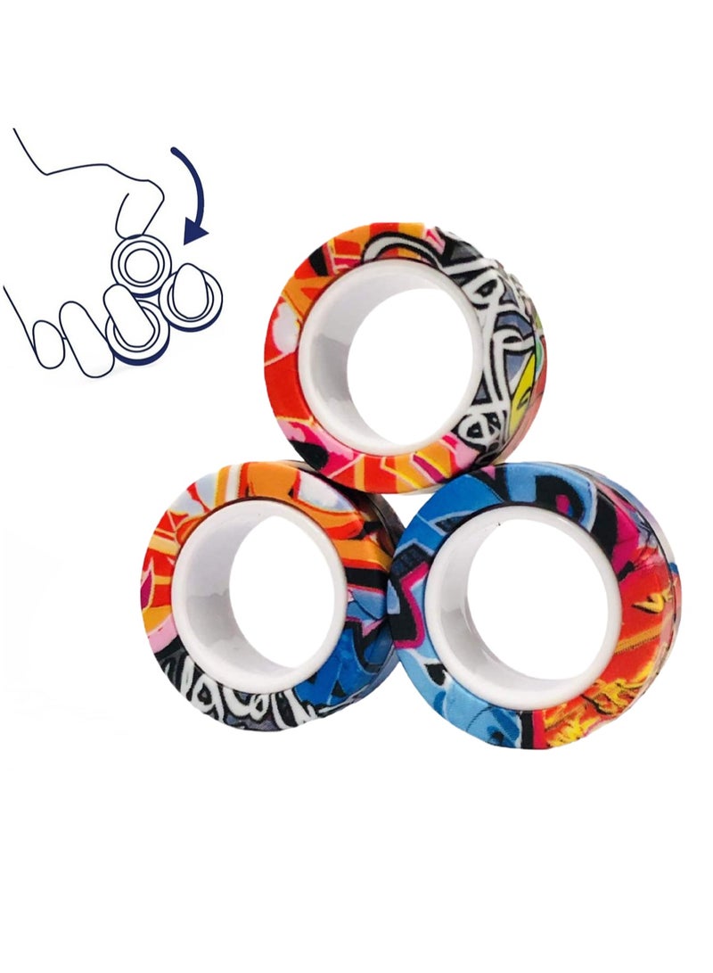 Magnetic Ring Stress Relieving Toy Set, Creative ADHD Stress Relieving Toy, Adult Stress Relieving Magnet Rotating Ring for Anxiety Relief Treatment, Stress Relieving Magnetic Ring Very Suitable for Adults, Adolescents, and Children (Graffiti - Color Random) - Image 1