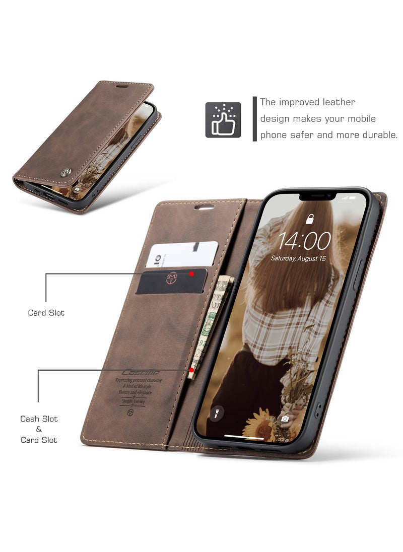 CaseMe - Phone Case Luxury PU Leather Design 013 Flip Cover Card Slot Holder Cover For Iphone 13 (Coffe) - Image 1