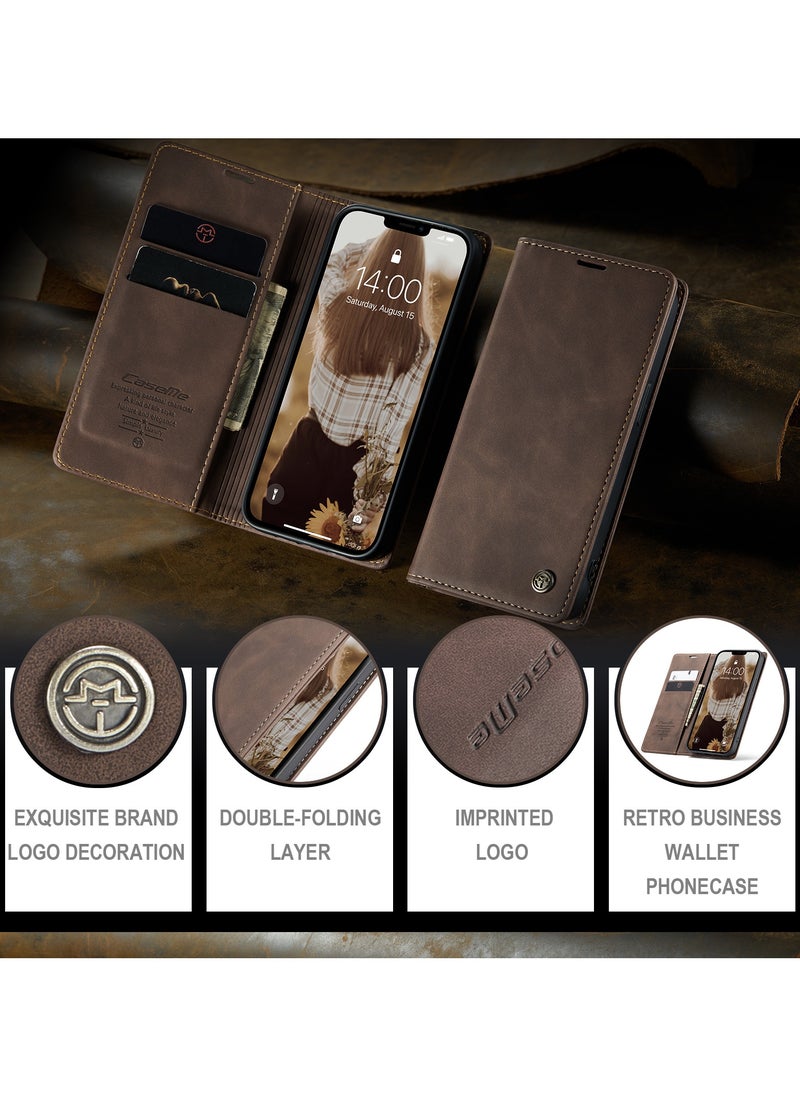 CaseMe - Phone Case Luxury PU Leather Design 013 Flip Cover Card Slot Holder Cover For Iphone 13 (Coffe) - Image 1