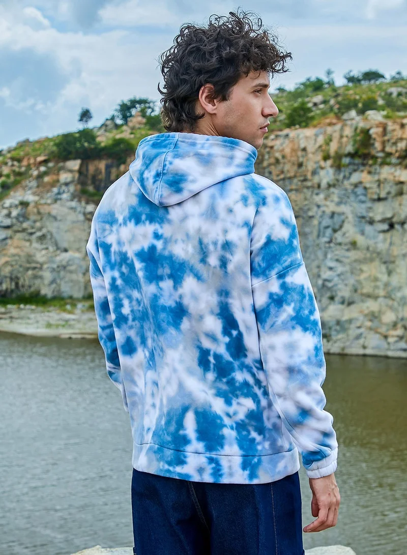 CAHOOT  Men's White & Indigo Blue Tie-Dye Oversized Hoodie With Kangaroo Pocket for Men | Best Price UAE