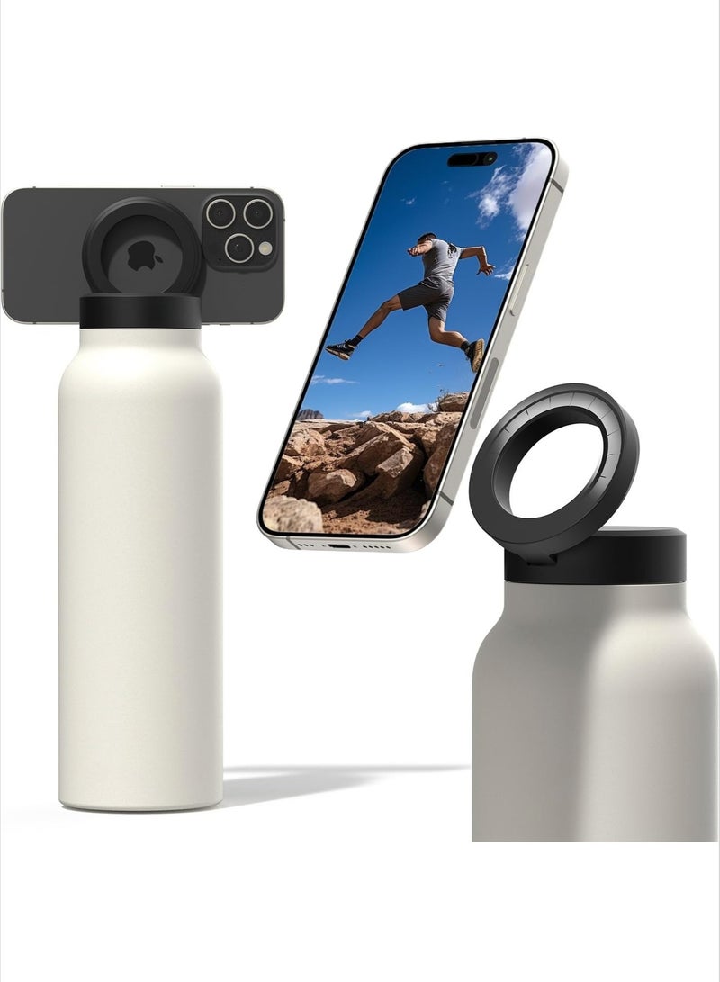 Generic Insulated Water Bottle | Compatible MagSafe With Phone Holder | Stainless Steel Water Bottle With Magnetic Phone Tripod Mount | Hot for 12H, Cold for 24H, 360° Rotate - Ivory 24oz - Image 1