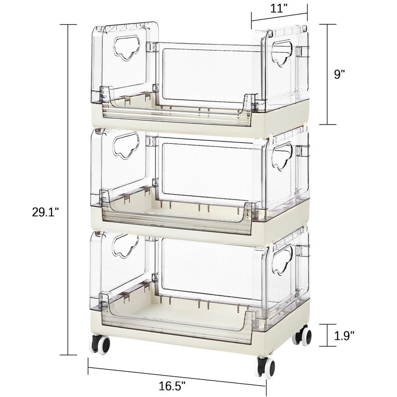 VECELO 3-Tier Fruit and Vegetable Basket, Stackable Kitchen Storage Organization with Wheels, Plastic Rolling Cart with Handles, Wide Open for Kitchen, Pantry, Living Room - Image 2