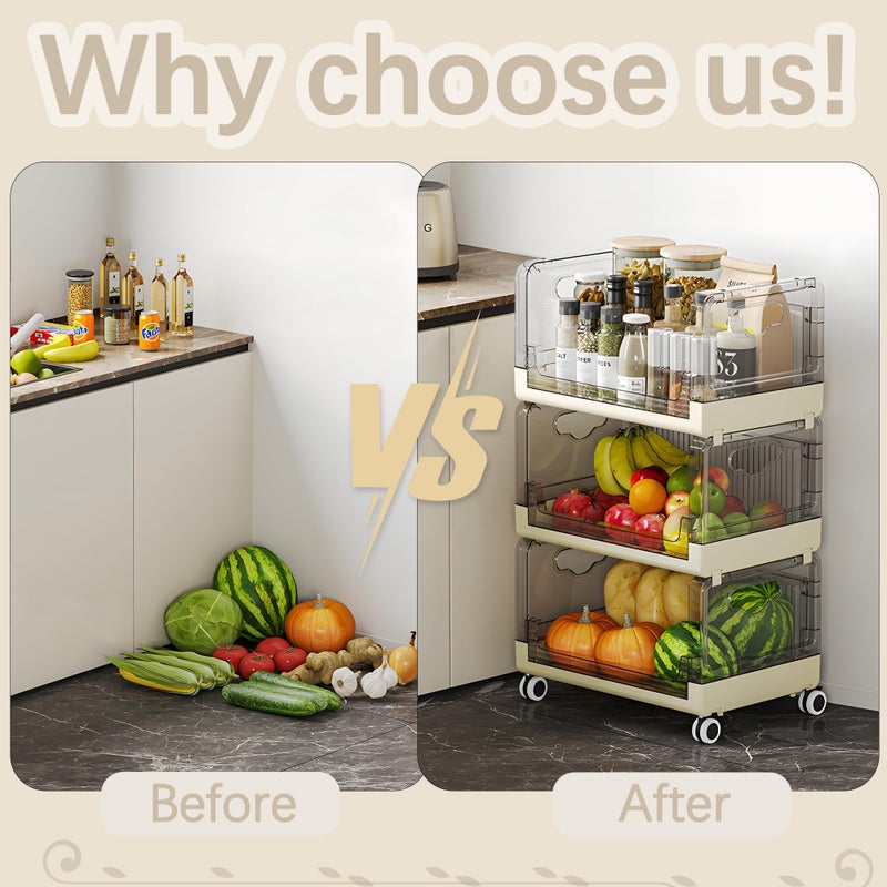 VECELO 3-Tier Fruit and Vegetable Basket, Stackable Kitchen Storage Organization with Wheels, Plastic Rolling Cart with Handles, Wide Open for Kitchen, Pantry, Living Room - Image 3