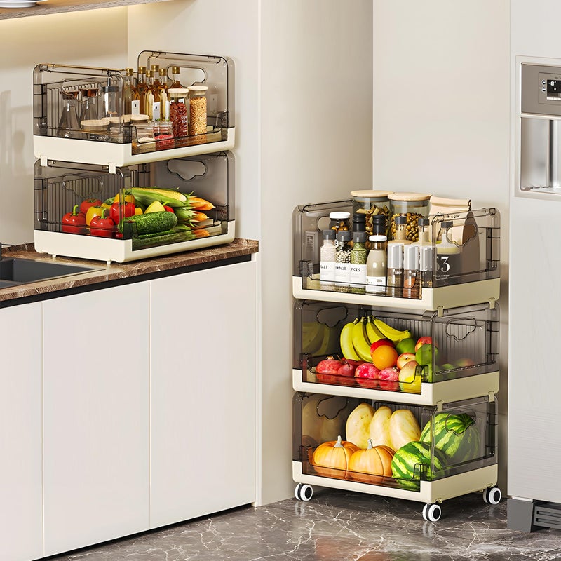 VECELO 3-Tier Fruit and Vegetable Basket, Stackable Kitchen Storage Organization with Wheels, Plastic Rolling Cart with Handles, Wide Open for Kitchen, Pantry, Living Room - Image 5