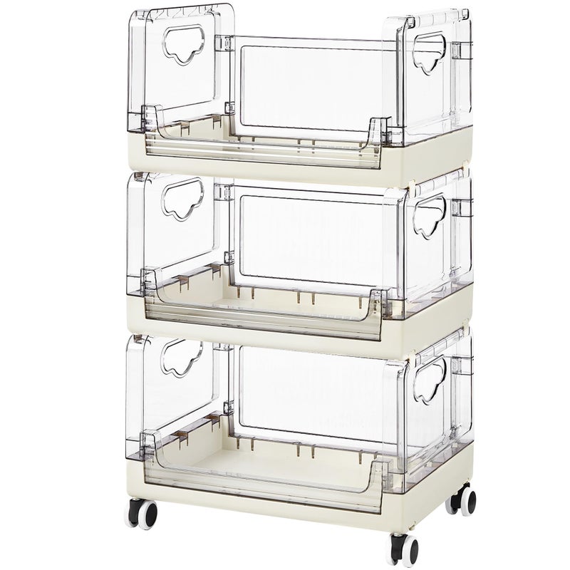 VECELO 3-Tier Fruit and Vegetable Basket, Stackable Kitchen Storage Organization with Wheels, Plastic Rolling Cart with Handles, Wide Open for Kitchen, Pantry, Living Room - Image 1