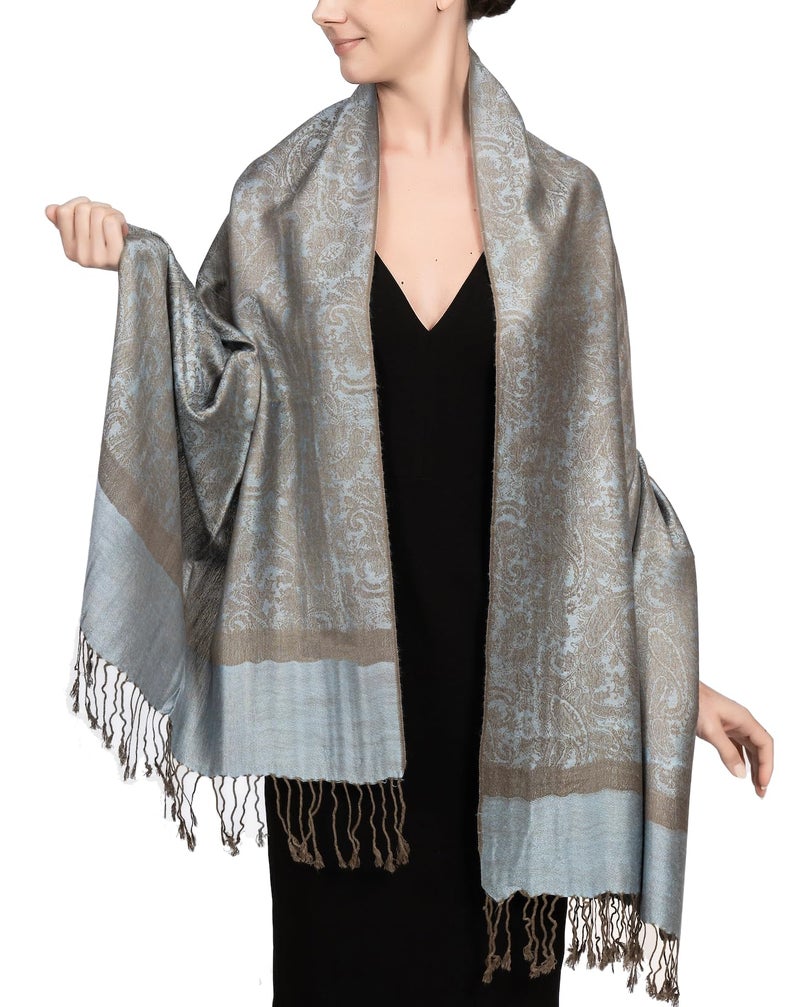 Achillea Two Tone Vintage Jacquard Paisley Pashmina Shawl Wrap Scarf (Powder Blue) - Image 1