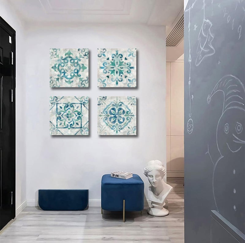 tigeridge Vintage Flower Pattern Canvas Wall Art for Bedroom Wall Decor Rustic Boho Teal Floral Pictures Geometric Symmetry Canvas Prints Artwork for Bathroom Living Room Office Decoration 12" X 12" X 4Piece - Image 5