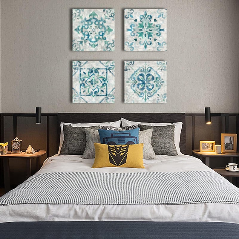 tigeridge Vintage Flower Pattern Canvas Wall Art for Bedroom Wall Decor Rustic Boho Teal Floral Pictures Geometric Symmetry Canvas Prints Artwork for Bathroom Living Room Office Decoration 12" X 12" X 4Piece - Image 4