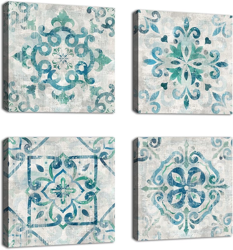 tigeridge Vintage Flower Pattern Canvas Wall Art for Bedroom Wall Decor Rustic Boho Teal Floral Pictures Geometric Symmetry Canvas Prints Artwork for Bathroom Living Room Office Decoration 12" X 12" X 4Piece - Image 1