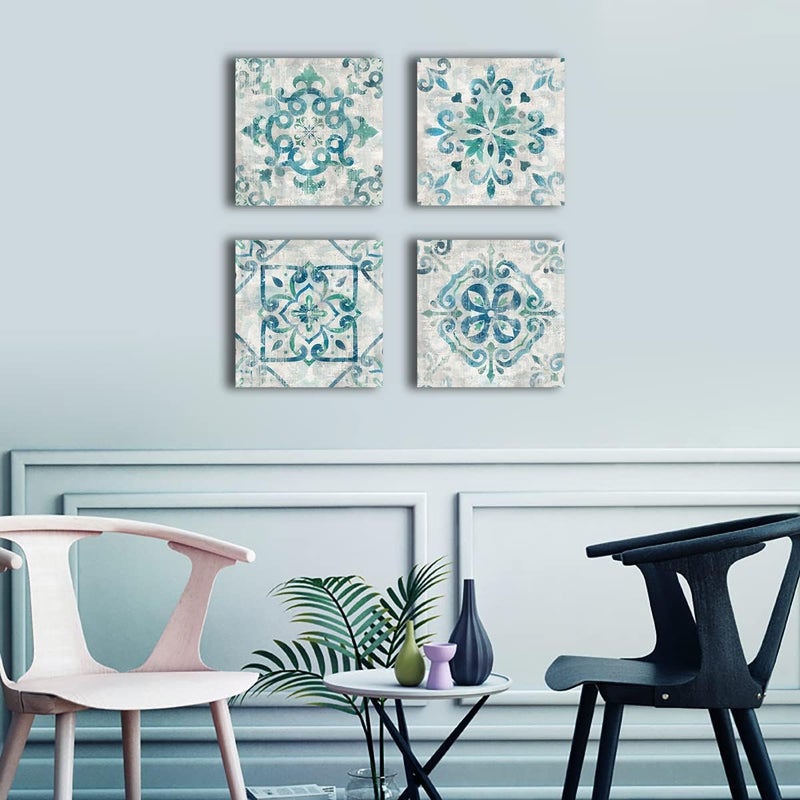 tigeridge Vintage Flower Pattern Canvas Wall Art for Bedroom Wall Decor Rustic Boho Teal Floral Pictures Geometric Symmetry Canvas Prints Artwork for Bathroom Living Room Office Decoration 12" X 12" X 4Piece - Image 3