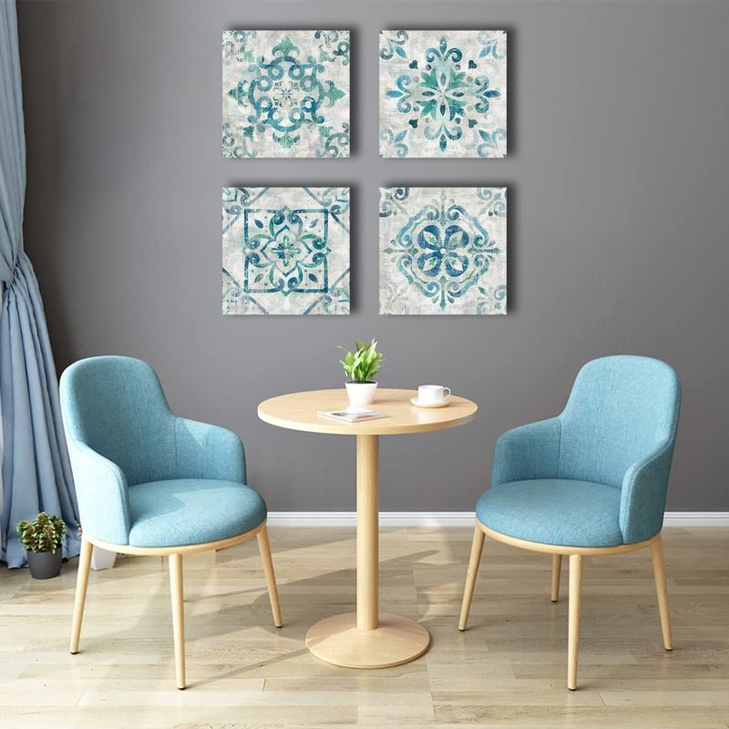 tigeridge Vintage Flower Pattern Canvas Wall Art for Bedroom Wall Decor Rustic Boho Teal Floral Pictures Geometric Symmetry Canvas Prints Artwork for Bathroom Living Room Office Decoration 12" X 12" X 4Piece - Image 2