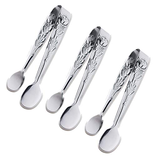 Sunenlyst 3PCS Mini Serving Tongs, 4Inch Rose Stainless Steel Sugar Cube Tongs, Sliver Small Ice Tong for Tea and Coffee Party, Appetizers, Desserts by Sunenlyst (Silver) - Image 1