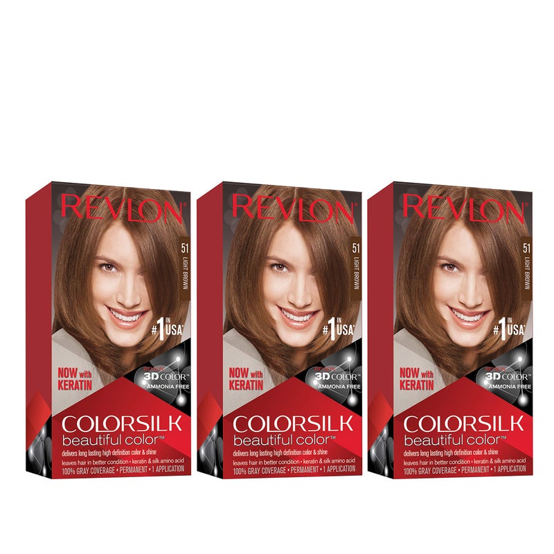 Revlon صبغة شعر ريفلون الدائمة، صبغة شعر دائمة، كولورسيلك مع تغطية 100% للشيب، خالية من الأمونيا، كيراتين وأحماض أمينية، 51 بني فاتح، 4.4 أونصة (عبوة من 3)  - Image 1