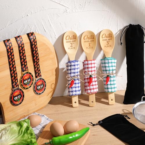 Quelay 15 Pcs Chili Cook off Prizes 1st 2nd 3rd Wooden Spoons Medals Cotton Dishcloths Pepper Charms Trophies Chili Cook off Decorations for Men Women (Wood) - Image 4