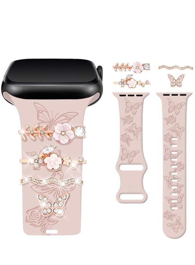 Apple Watch Strap, Floral Engraved Bands Compatible with Apple Watch Band for Women, Cute Flower iWatch Bands Soft Silicone Sport Strap for iWatch Series SE 10 9 8 7 6 5