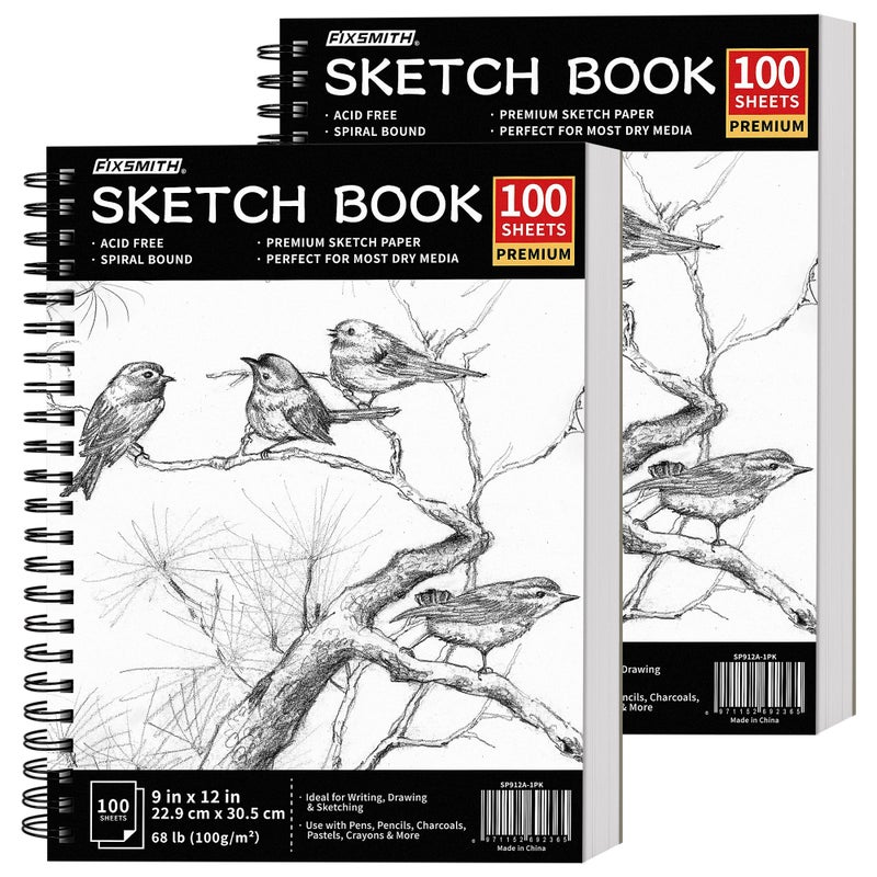 FIXSMITH 9X12 Sketch Book  200 Sheets 68 lb100gsm Sketchbook 2 Pack 100 Sheets Each Acid Free Drawing Paper  Spiral Bound Sketchpad for BeginnersArtists  Professionals  Bright White