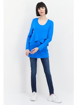 Bamboo Women Scoop Neck Long Sleeve Plain Top, Blue  - Image 2