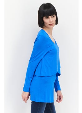 Bamboo Women Scoop Neck Long Sleeve Plain Top, Blue  - Image 3