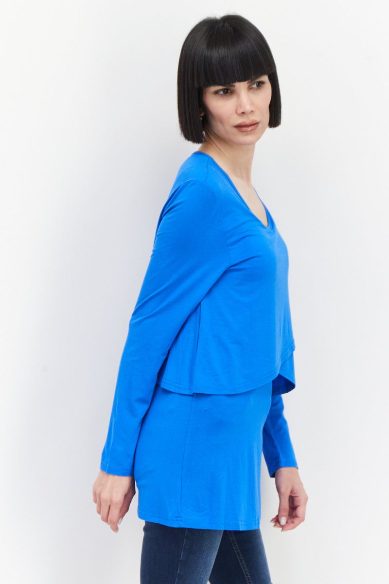 Bamboo Women Scoop Neck Long Sleeve Plain Top, Blue - Image 3