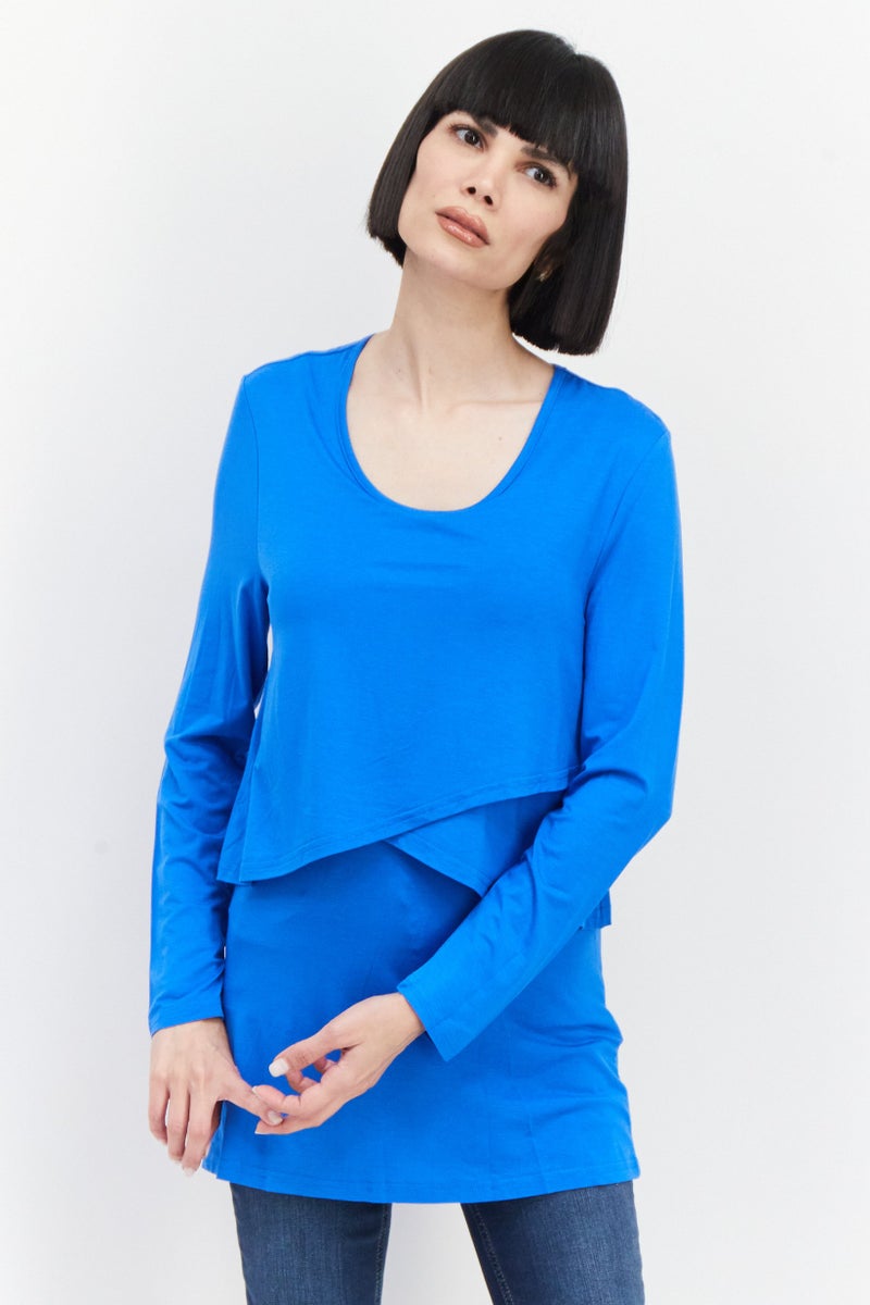 Bamboo Women Scoop Neck Long Sleeve Plain Top, Blue - Image 1